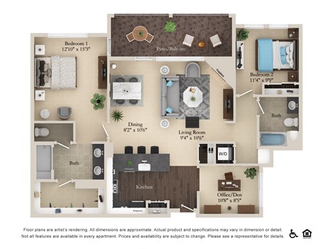 Floor plan for 2 beds, 2 baths, 1400 sqft